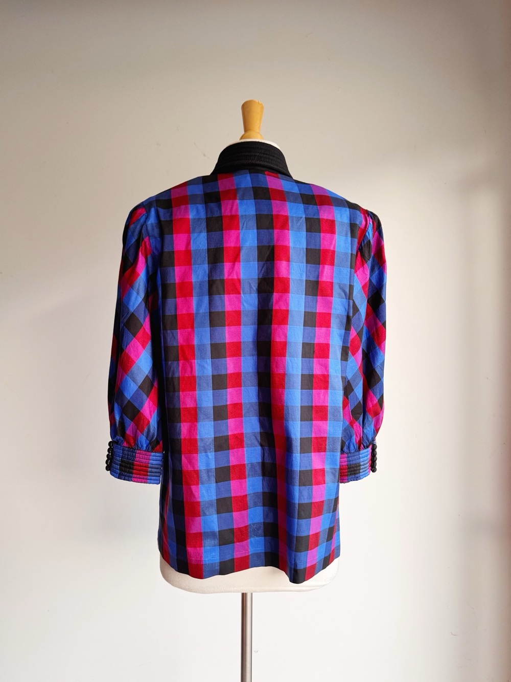 Vintage 100% Thai Silk Plaid Blouse | Jewel Tone Puff Sleeve Button Front | 12 - Picture 9 of 10